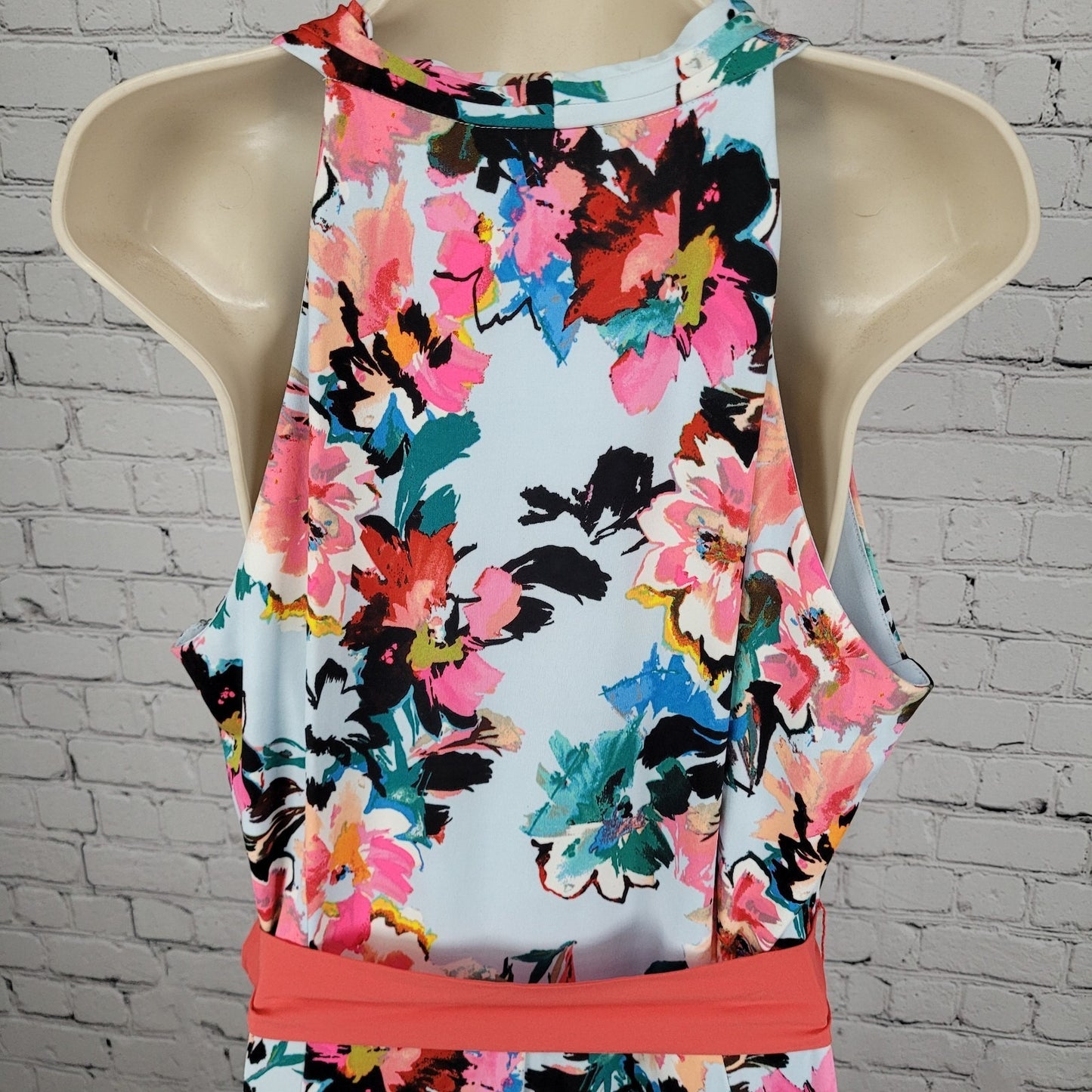 Leslie Fay Multicolor Floral Belted Sleeveless Stretch Maxi Dress Size 14