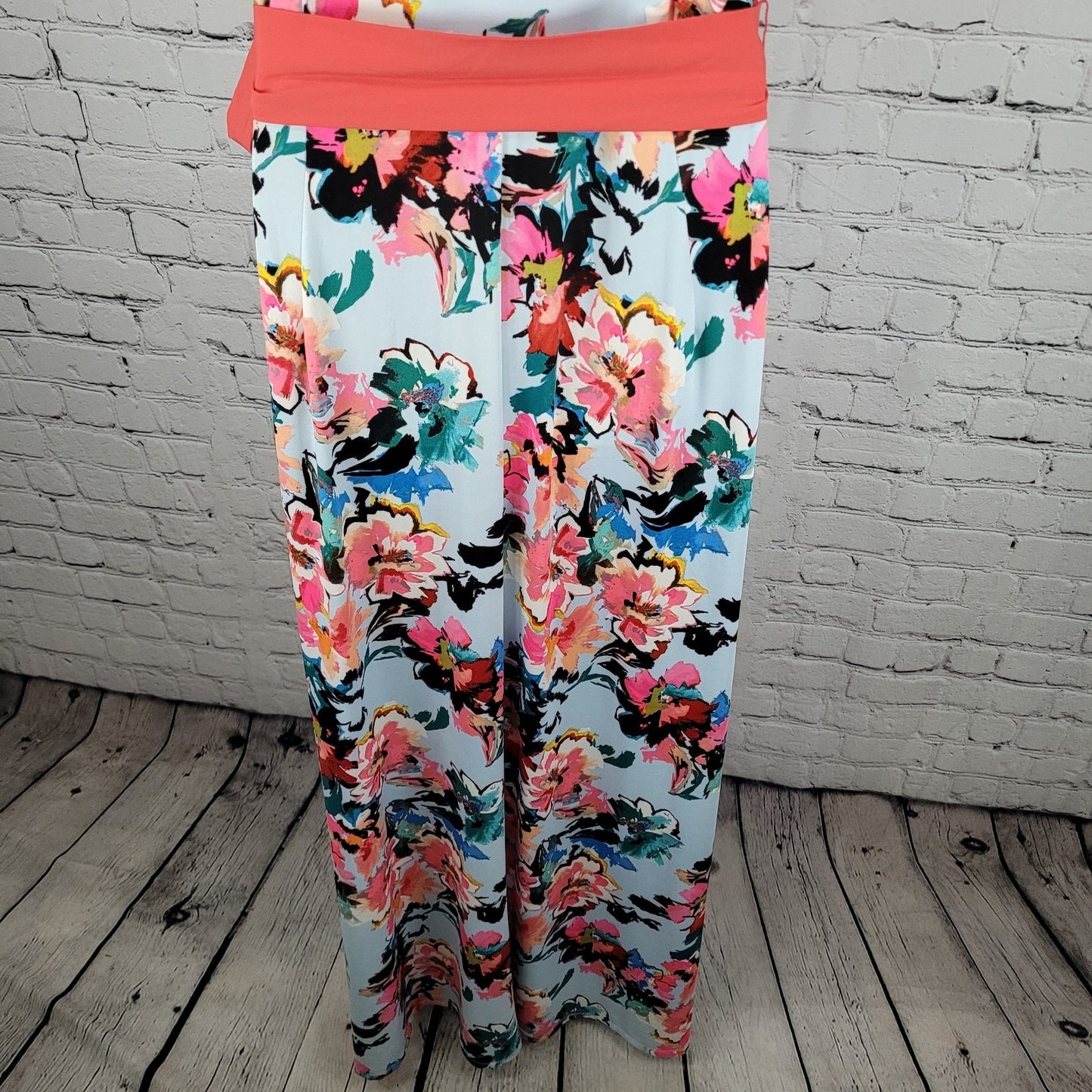 Leslie Fay Multicolor Floral Belted Sleeveless Stretch Maxi Dress Size 14