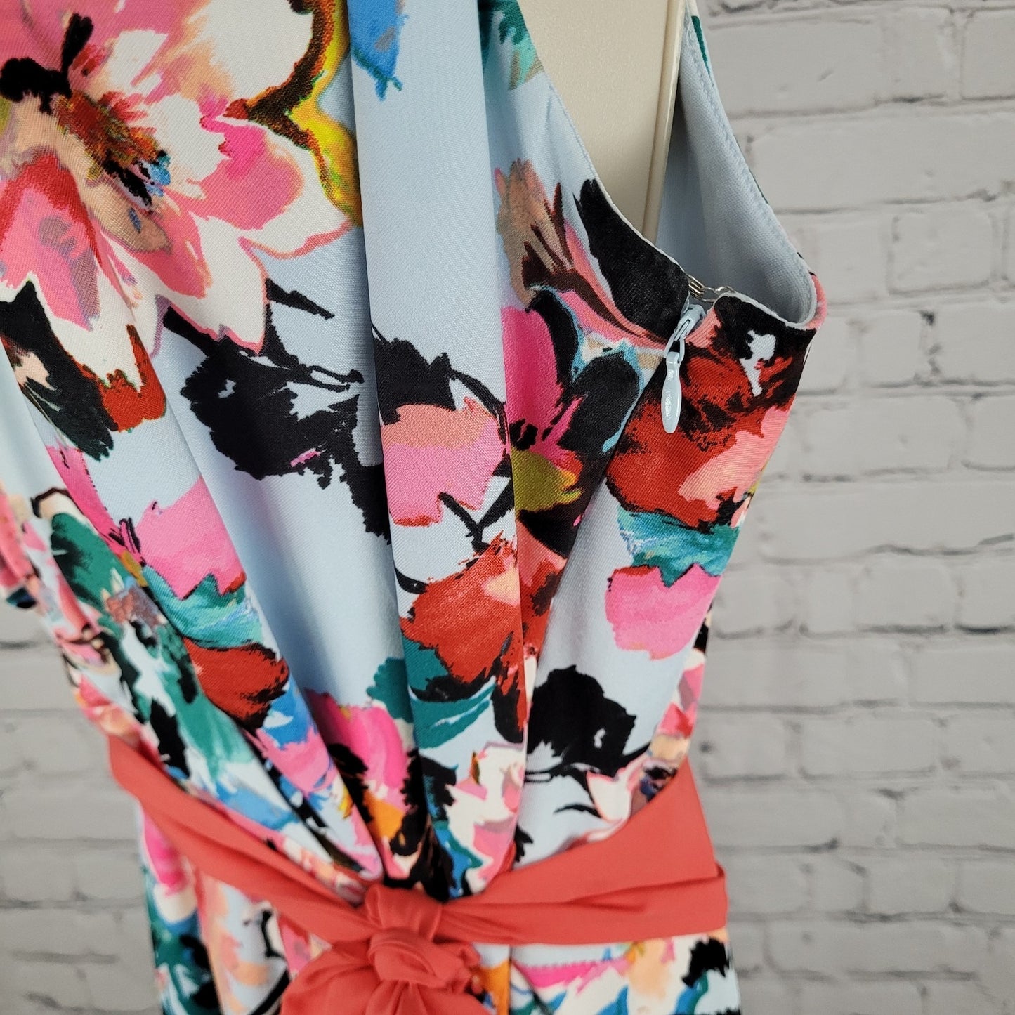 Leslie Fay Multicolor Floral Belted Sleeveless Stretch Maxi Dress Size 14