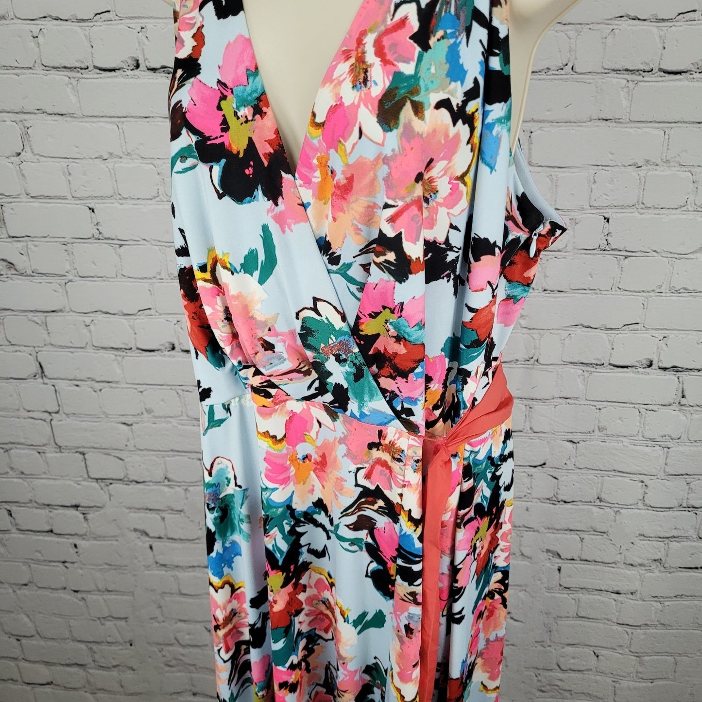 Leslie Fay Multicolor Floral Belted Sleeveless Stretch Maxi Dress Size 14