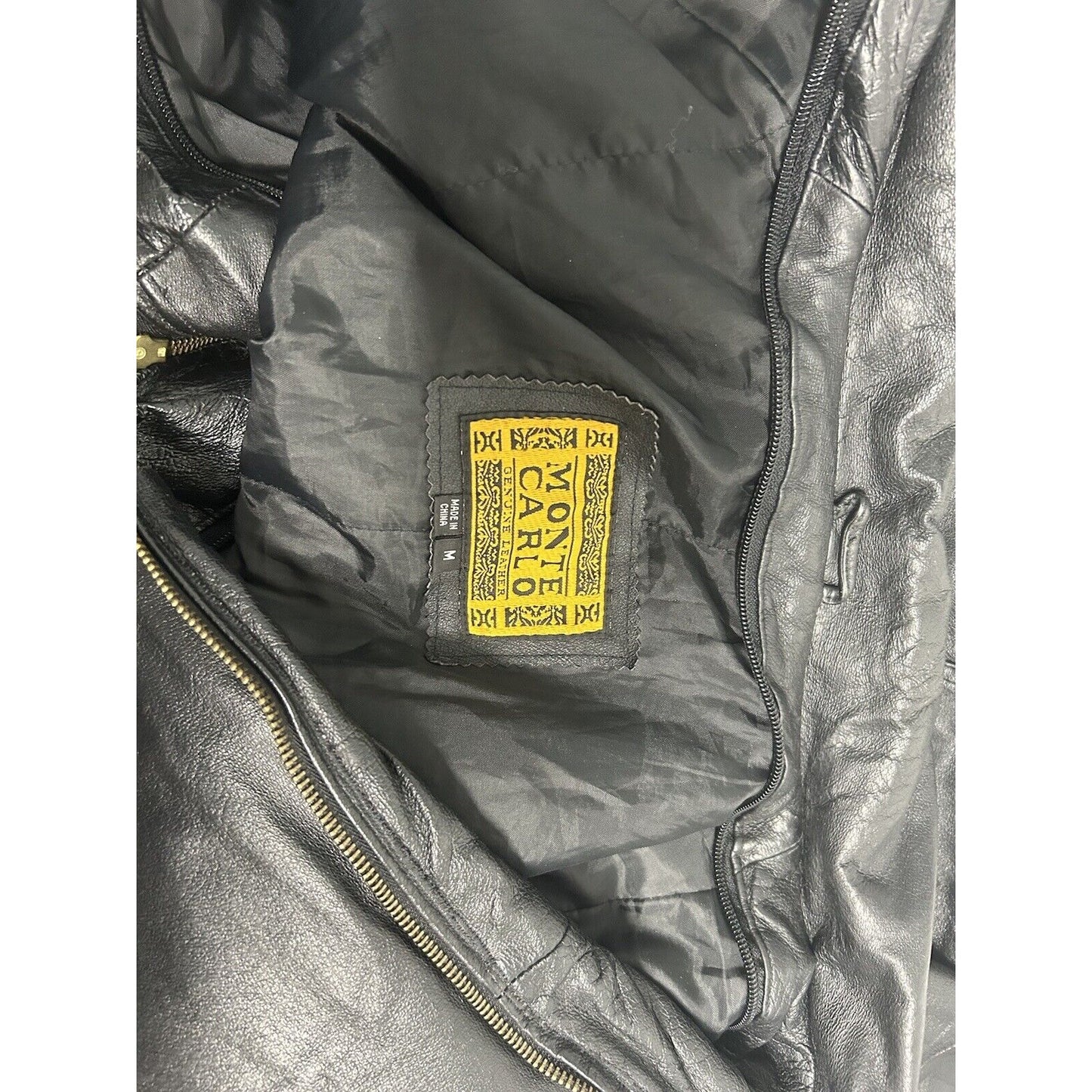 Monte Carlo Black Genuine Leather Full Zip Men’s Motorcycle Jacket Pockets M