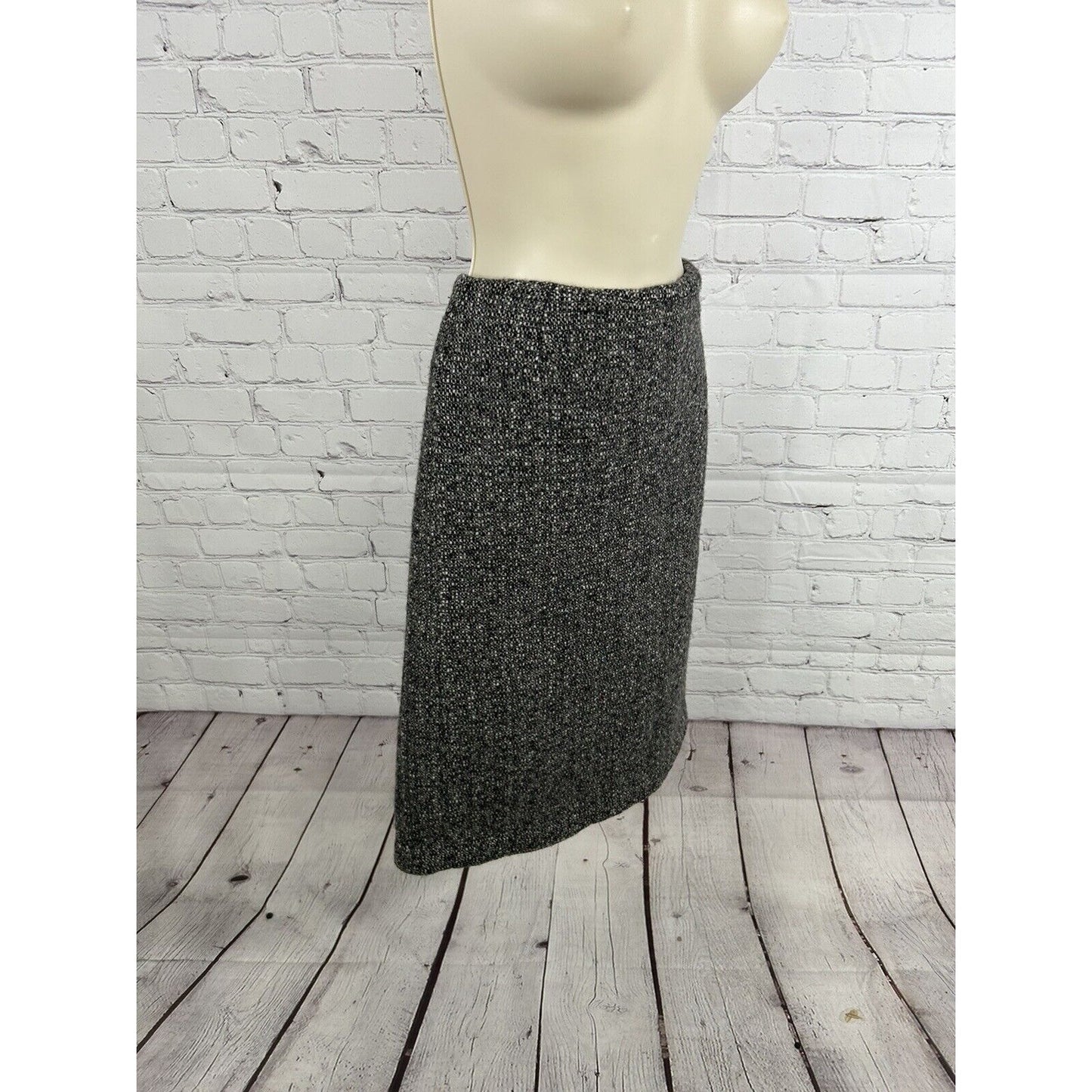 Eddie Bauer Wool Blend Black White Line Back Zip Midi Pencil Skirt 14 Tall