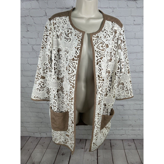 Chico’s Brown White Battenberg Lace Overlay 1/2 Sleeve Cardigan Women’s M