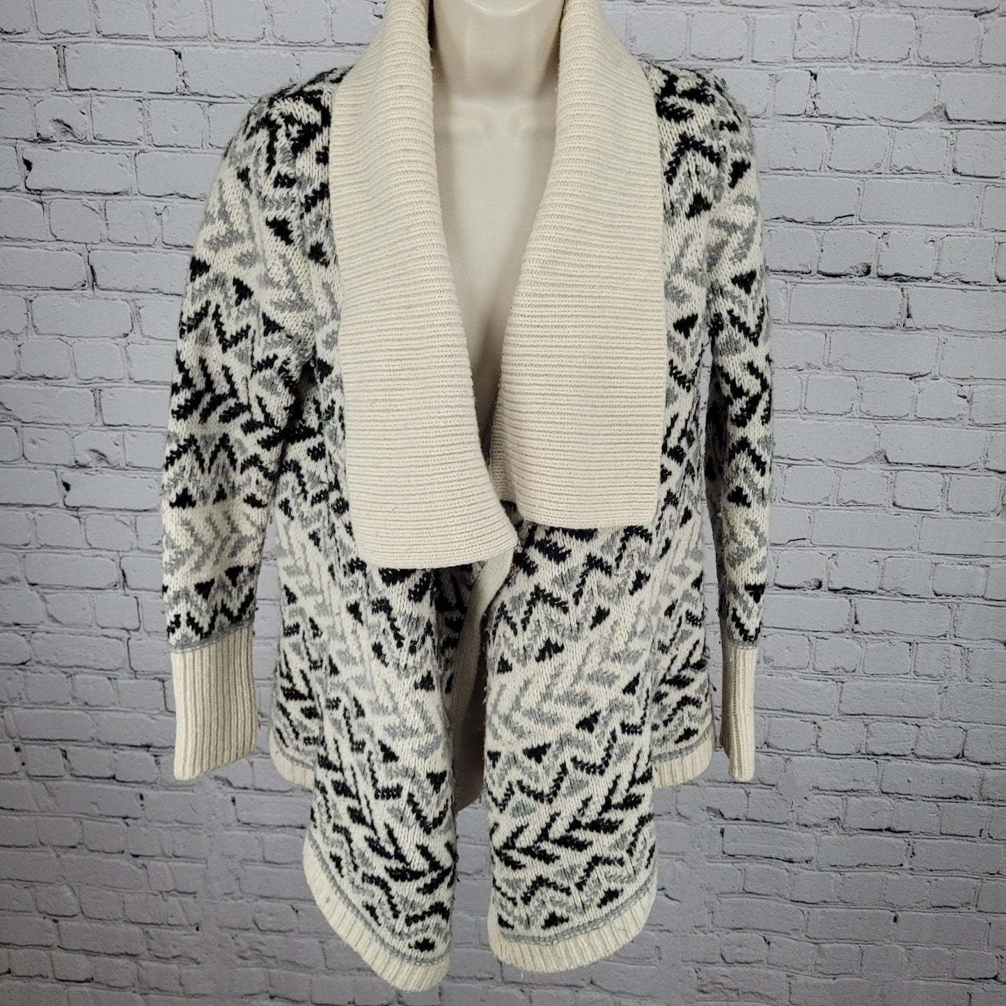 Ellen Tracy Lambswool Blend Ivory & Grey Geometric Open Cardigan Size Small S