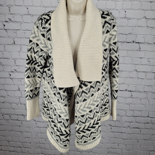 Ellen Tracy Lambswool Blend Ivory & Grey Geometric Open Cardigan Size Small S