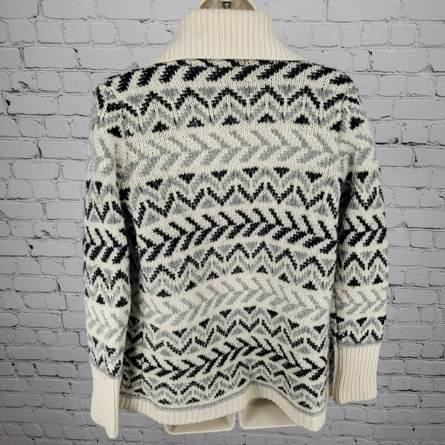 Ellen Tracy Lambswool Blend Ivory & Grey Geometric Open Cardigan Size Small S