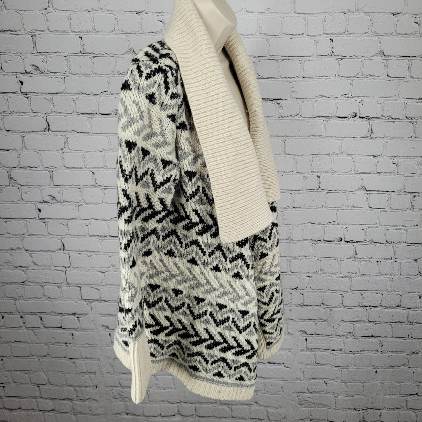 Ellen Tracy Lambswool Blend Ivory & Grey Geometric Open Cardigan Size Small S