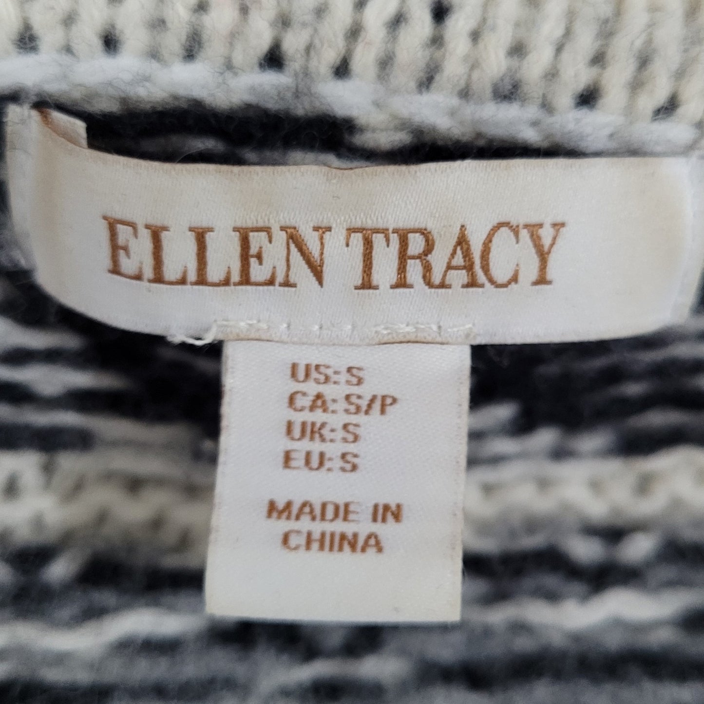 Ellen Tracy Lambswool Blend Ivory & Grey Geometric Open Cardigan Size Small S