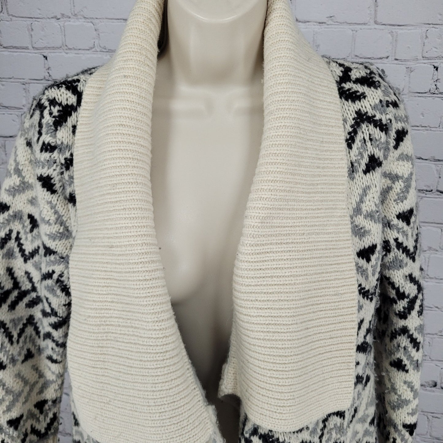 Ellen Tracy Lambswool Blend Ivory & Grey Geometric Open Cardigan Size Small S