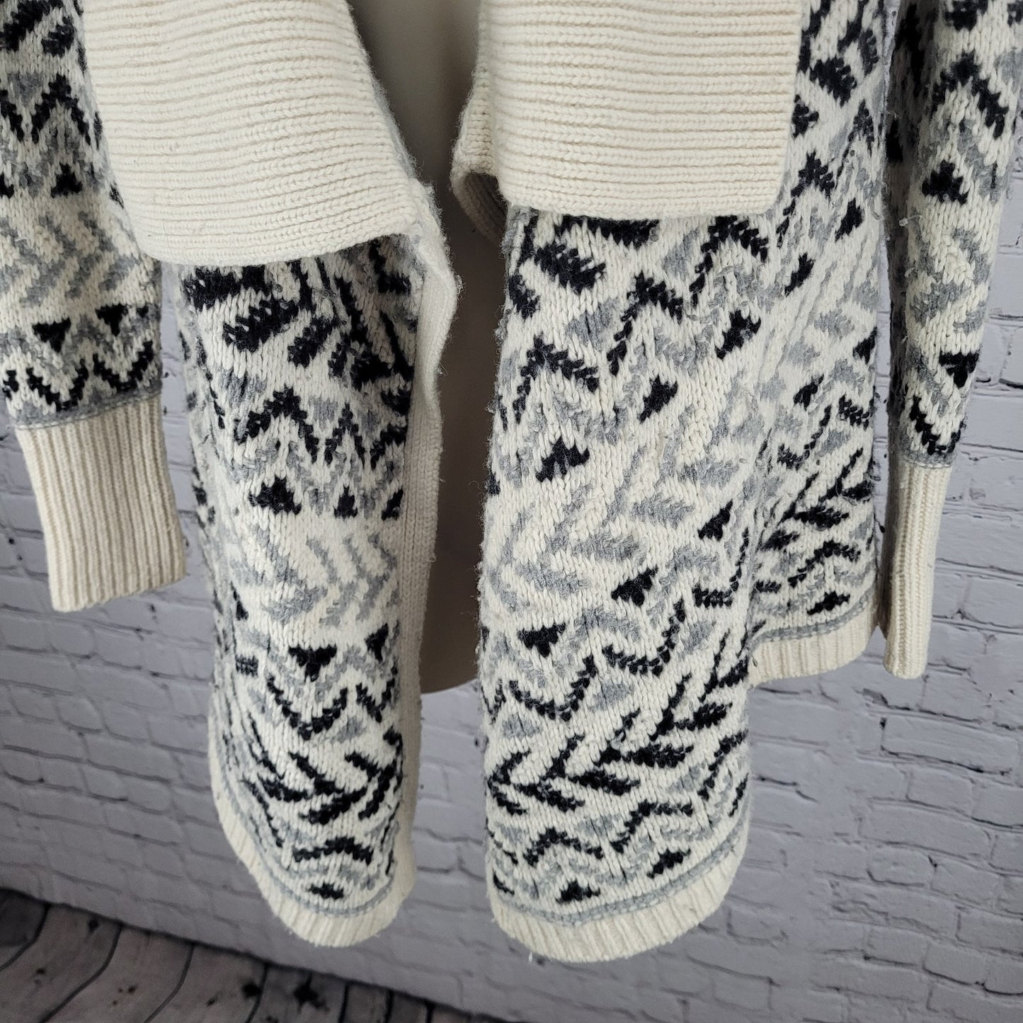 Ellen Tracy Lambswool Blend Ivory & Grey Geometric Open Cardigan Size Small S