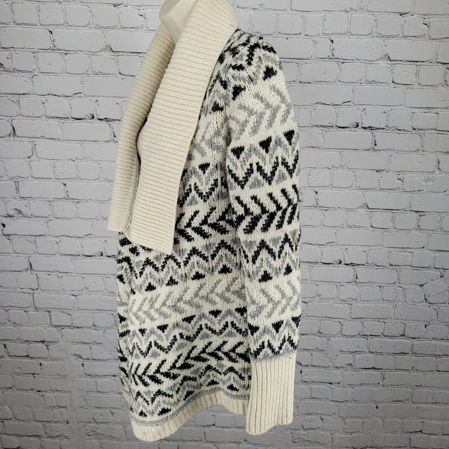 Ellen Tracy Lambswool Blend Ivory & Grey Geometric Open Cardigan Size Small S