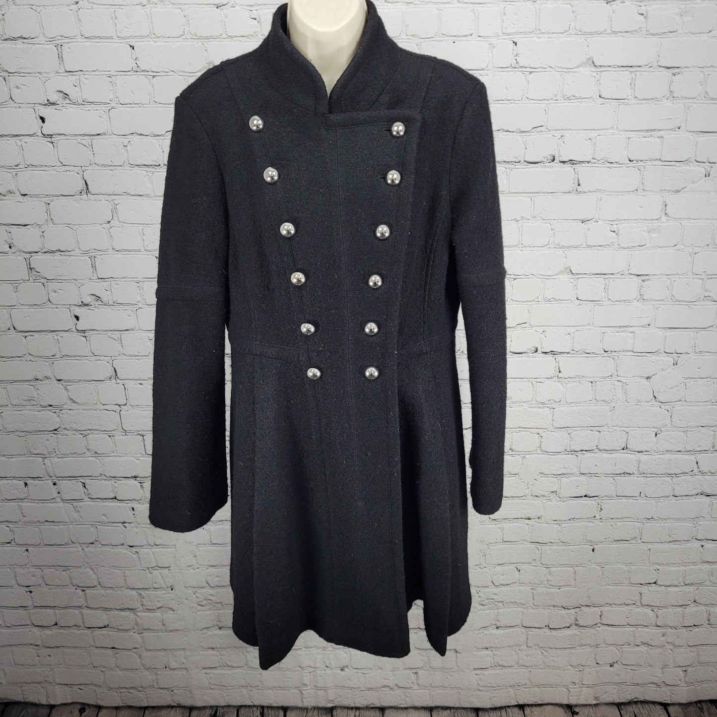 Guess Black Wool Blend Double Breasted Silver Buttoned Lined Long Pea Coat XL