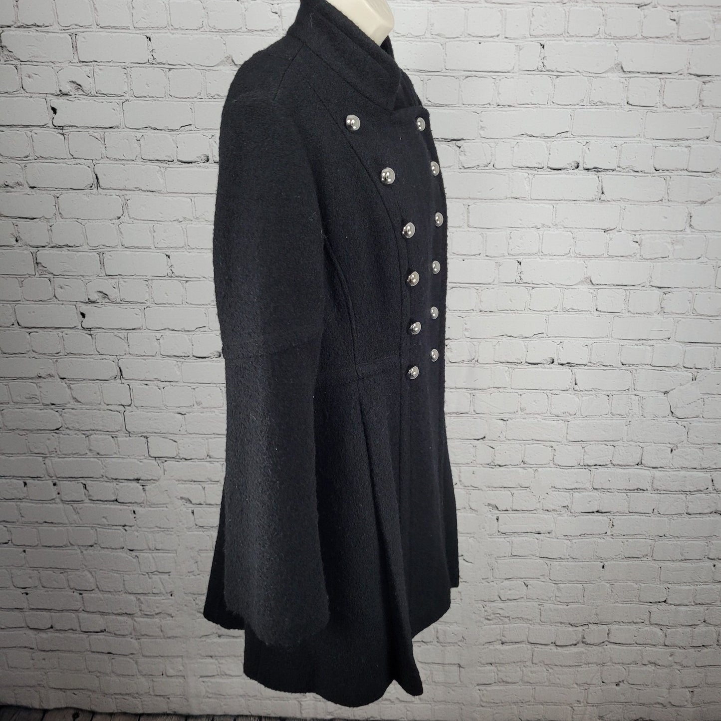 Guess Black Wool Blend Double Breasted Silver Buttoned Lined Long Pea Coat XL