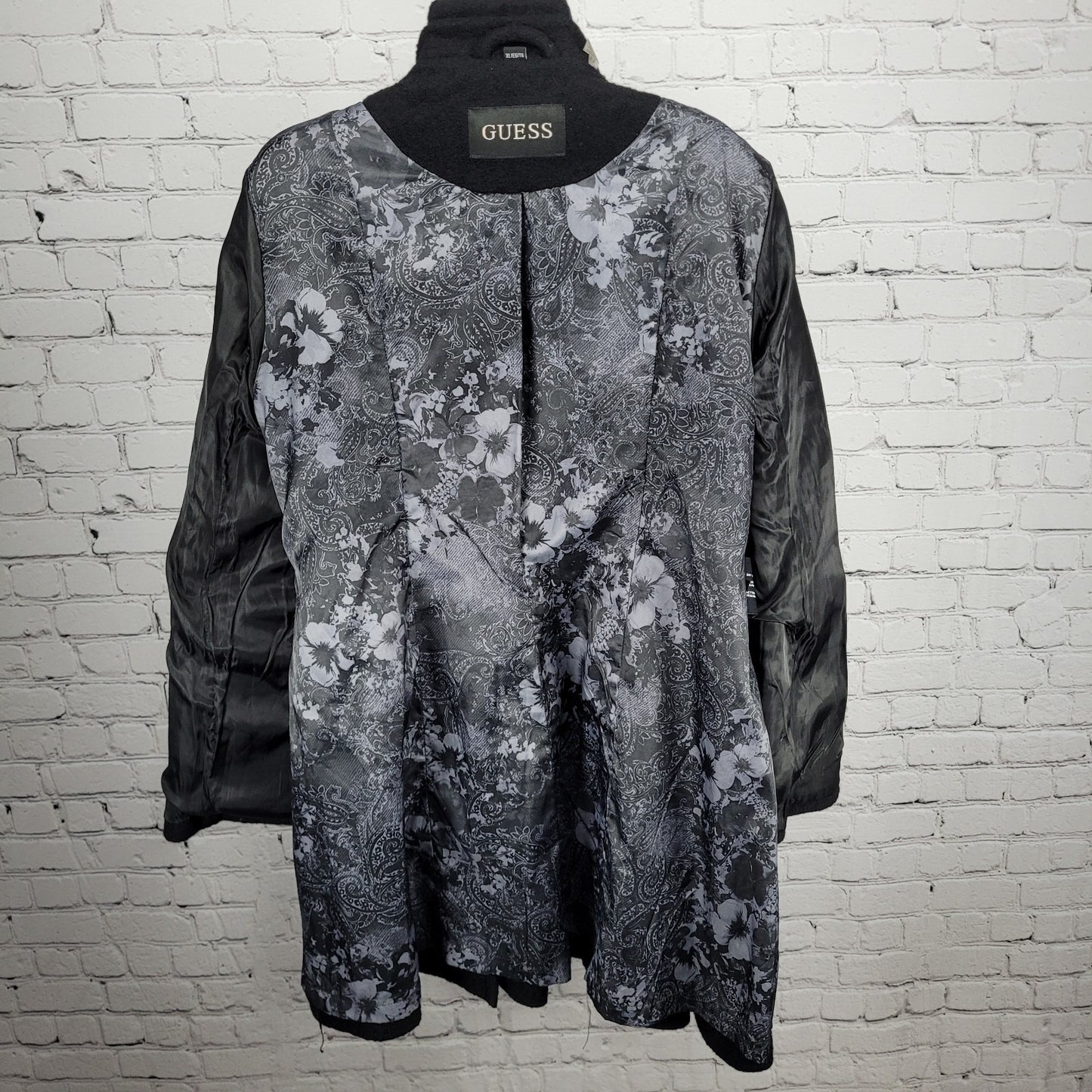 Guess Black Wool Blend Double Breasted Silver Buttoned Lined Long Pea Coat XL