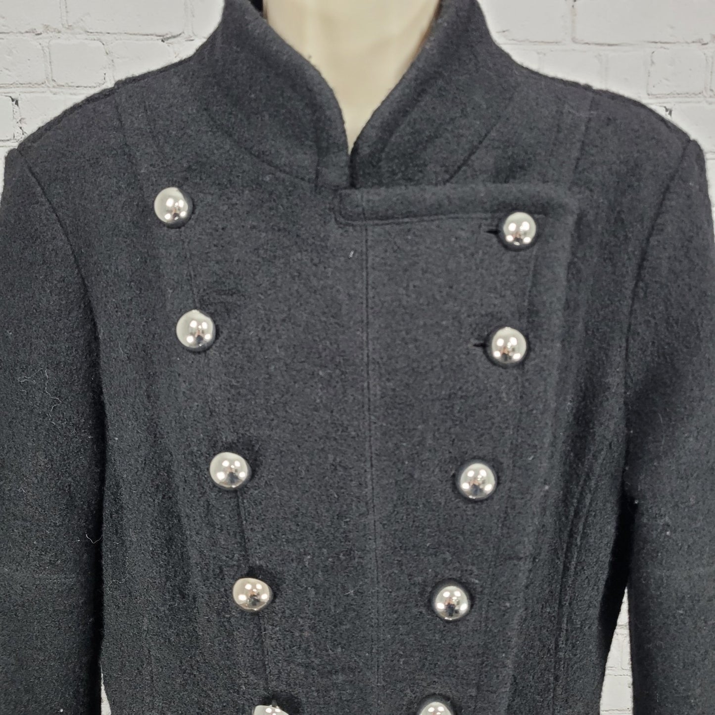 Guess Black Wool Blend Double Breasted Silver Buttoned Lined Long Pea Coat XL