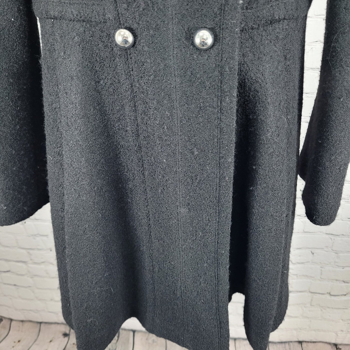 Guess Black Wool Blend Double Breasted Silver Buttoned Lined Long Pea Coat XL