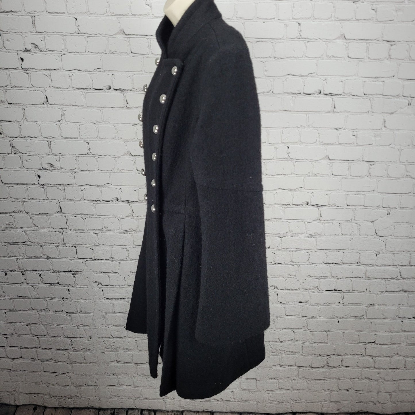 Guess Black Wool Blend Double Breasted Silver Buttoned Lined Long Pea Coat XL