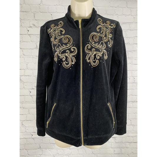 Zenergy By Chicos Black Embroidered Beaded Sequined Full Zip Jacket Womens M