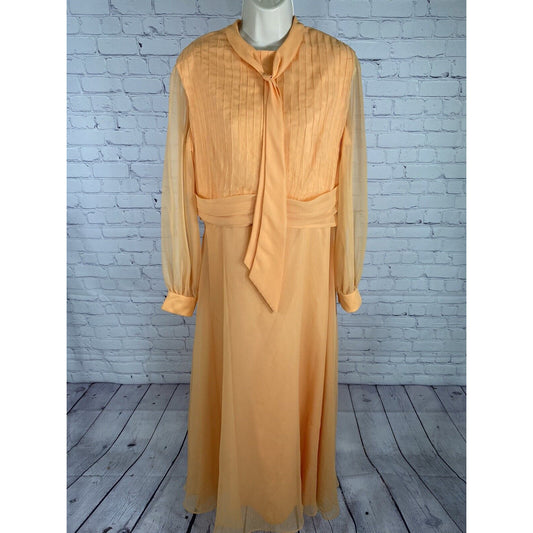 VTG Lee Jordan Orange Long High Neck Back Zip Lined Sheer Sleeve Dress M
