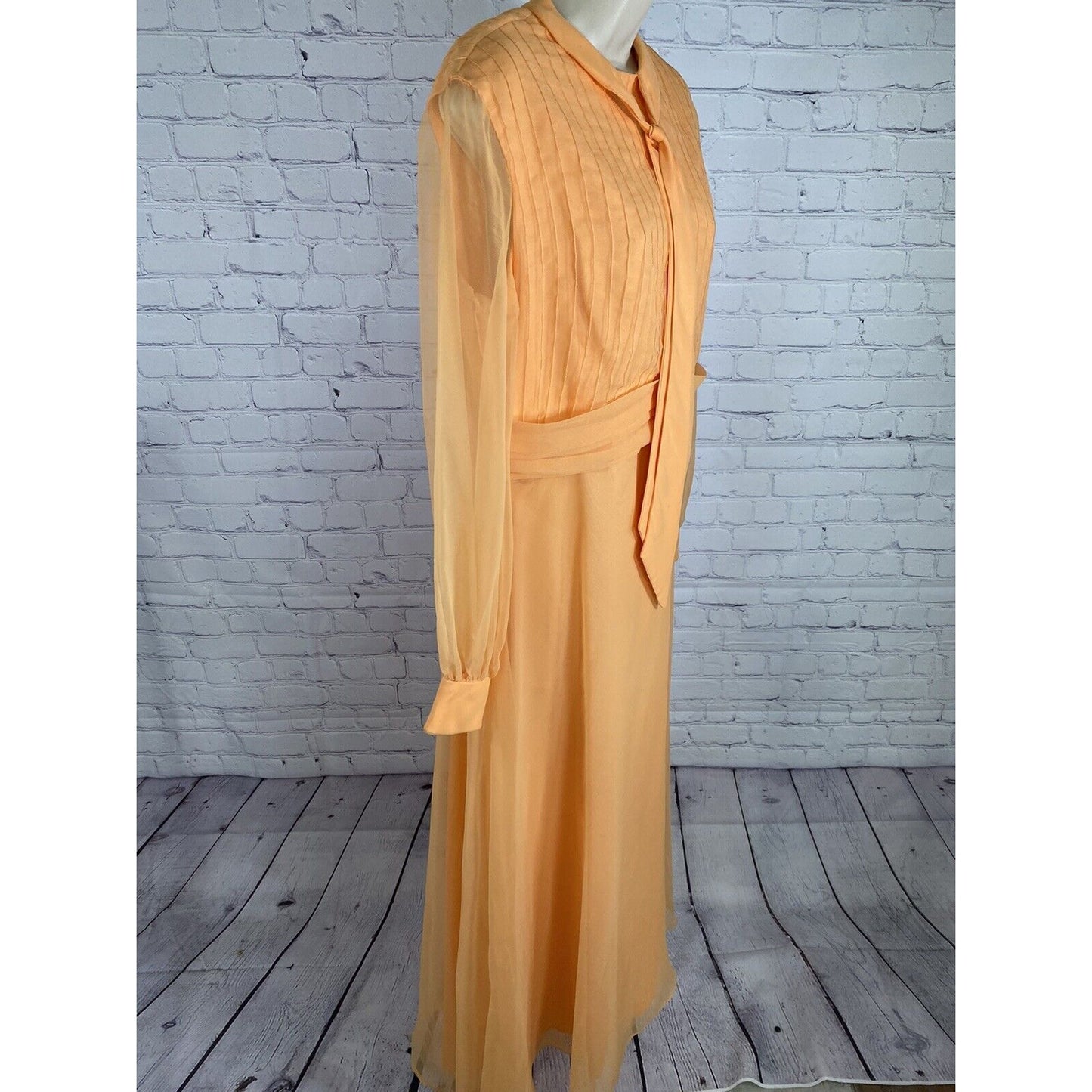VTG Lee Jordan Orange Long High Neck Back Zip Lined Sheer Sleeve Dress M