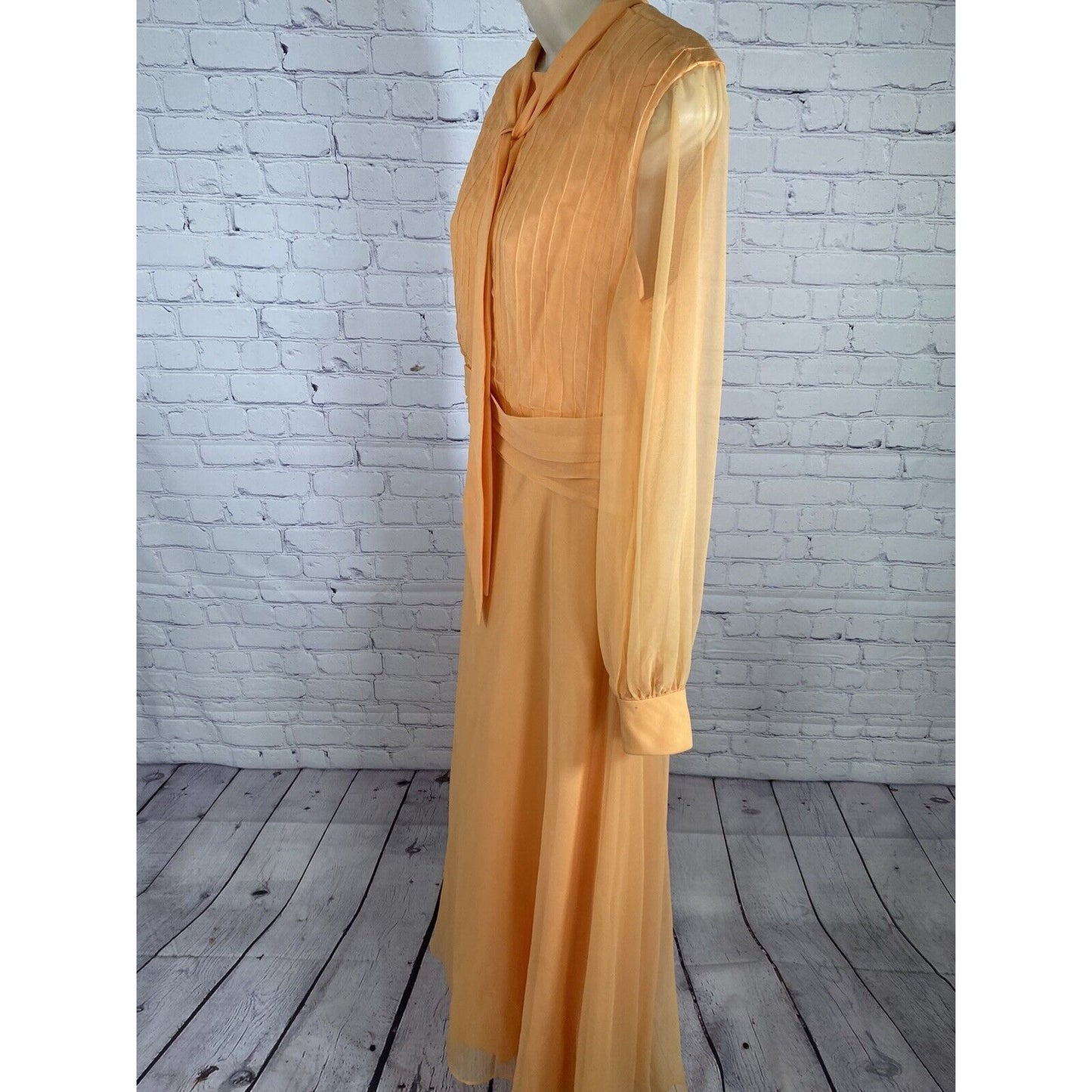 VTG Lee Jordan Orange Long High Neck Back Zip Lined Sheer Sleeve Dress M