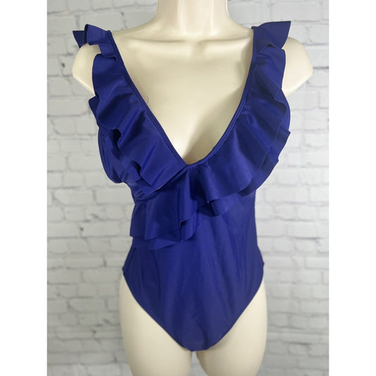 Unbranded Women’s Ruffled Deep V Neck Blue One Piece Swimsuit Lightly Padded S