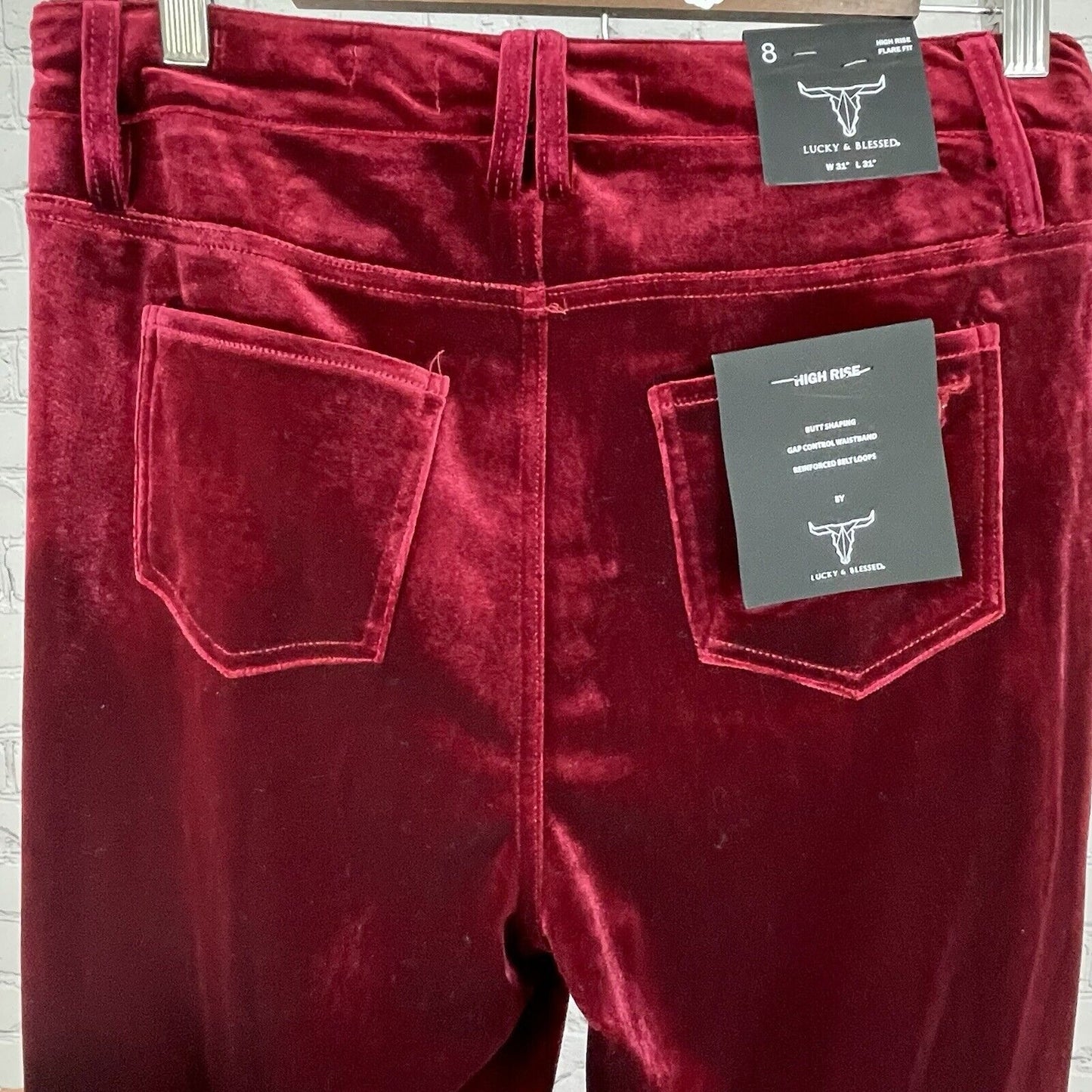 NWT Lucky & Blessed Red Velvet High Waist Flare Fit Butt Shaping Size 8 (31x34)