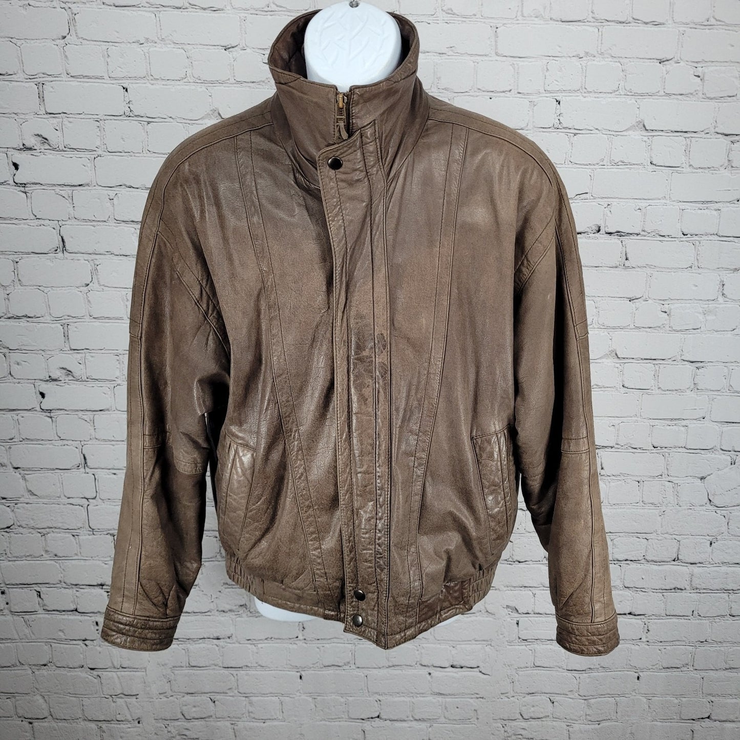VTG Aggio Brown Genuine Soft Leather Full Zip Snap Pockets Bomber Jacket Large L