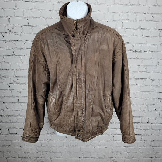 VTG Aggio Brown Genuine Soft Leather Full Zip Snap Pockets Bomber Jacket Large L