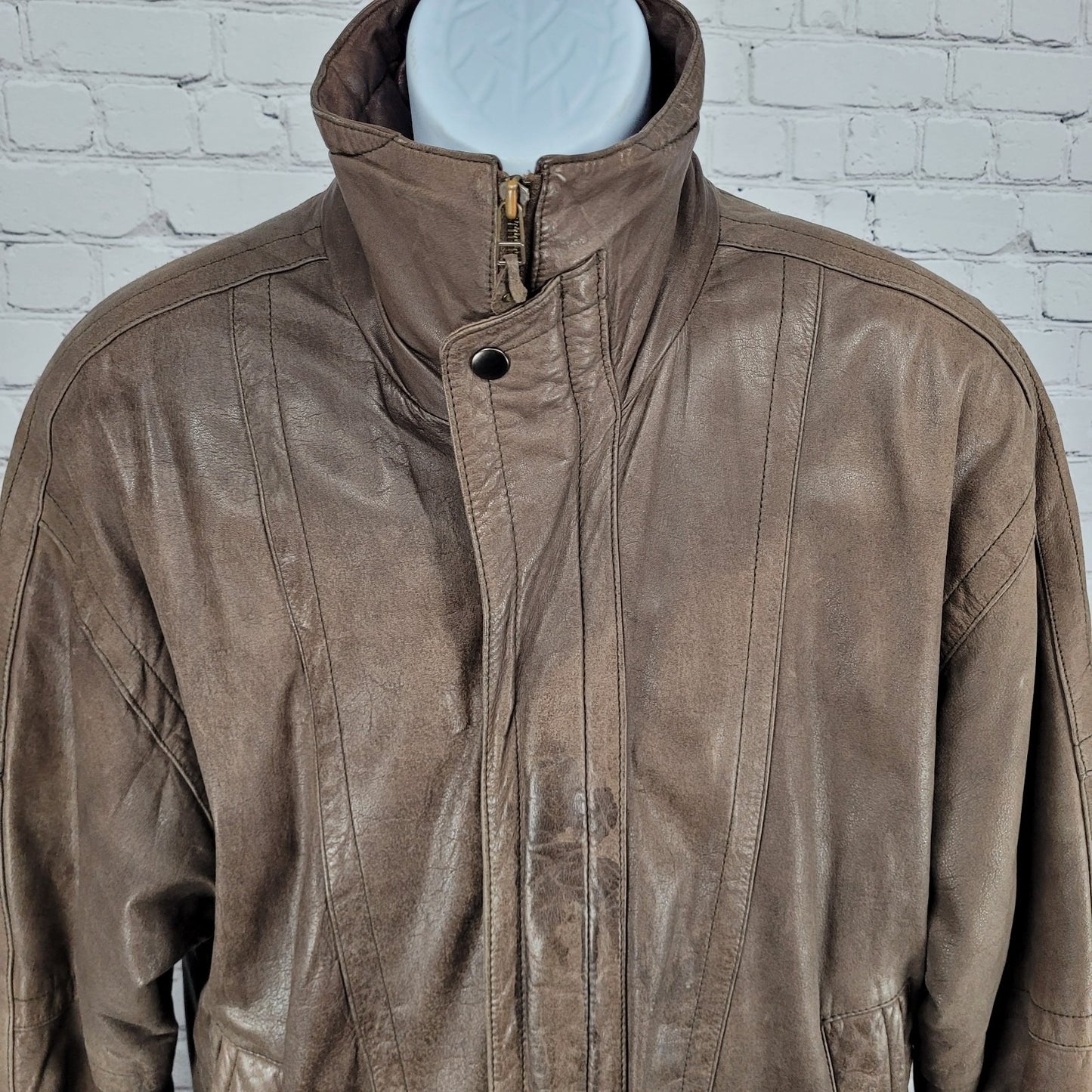 VTG Aggio Brown Genuine Soft Leather Full Zip Snap Pockets Bomber Jacket Large L