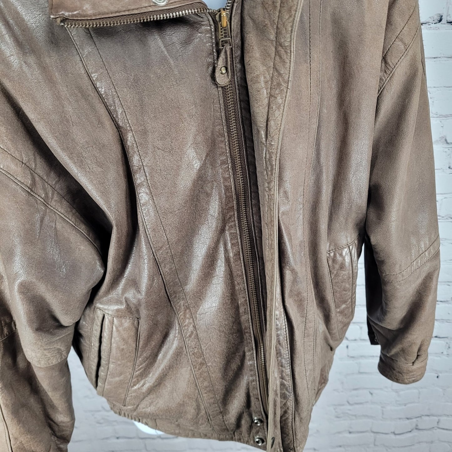 VTG Aggio Brown Genuine Soft Leather Full Zip Snap Pockets Bomber Jacket Large L