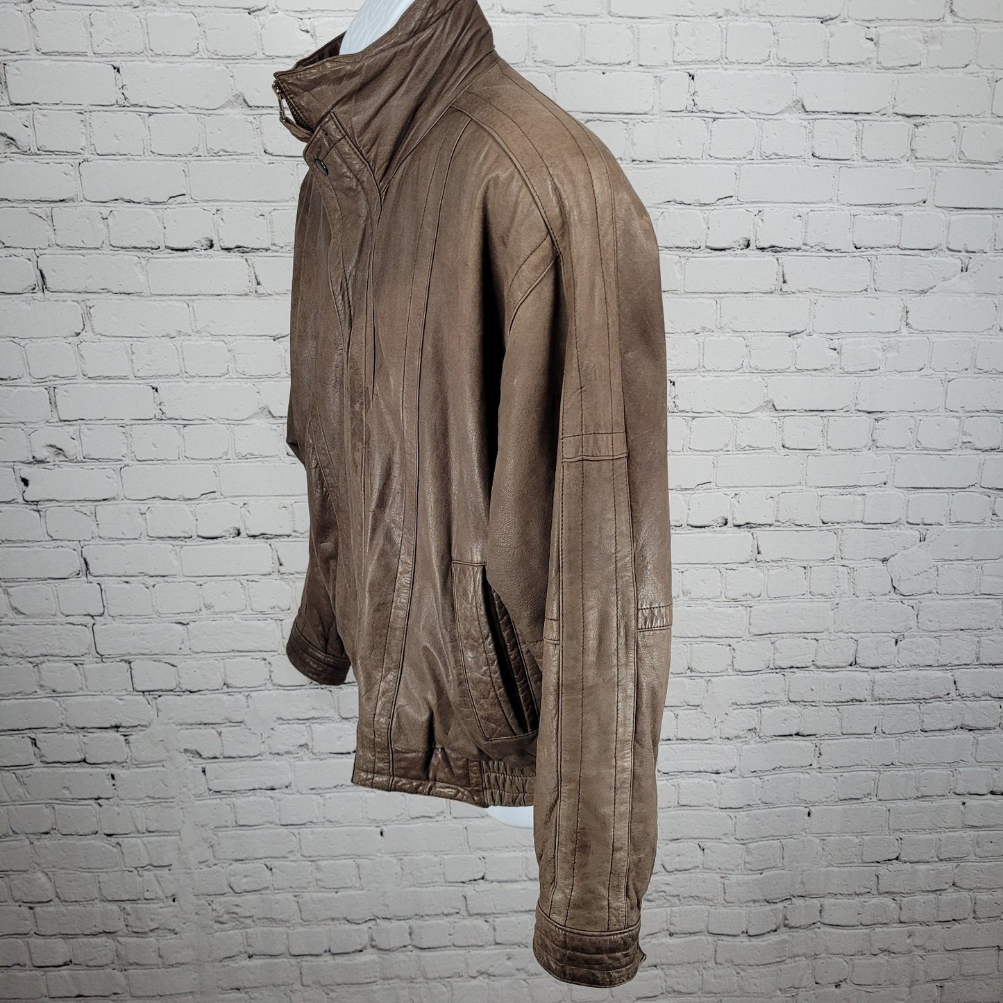 VTG Aggio Brown Genuine Soft Leather Full Zip Snap Pockets Bomber Jacket Large L