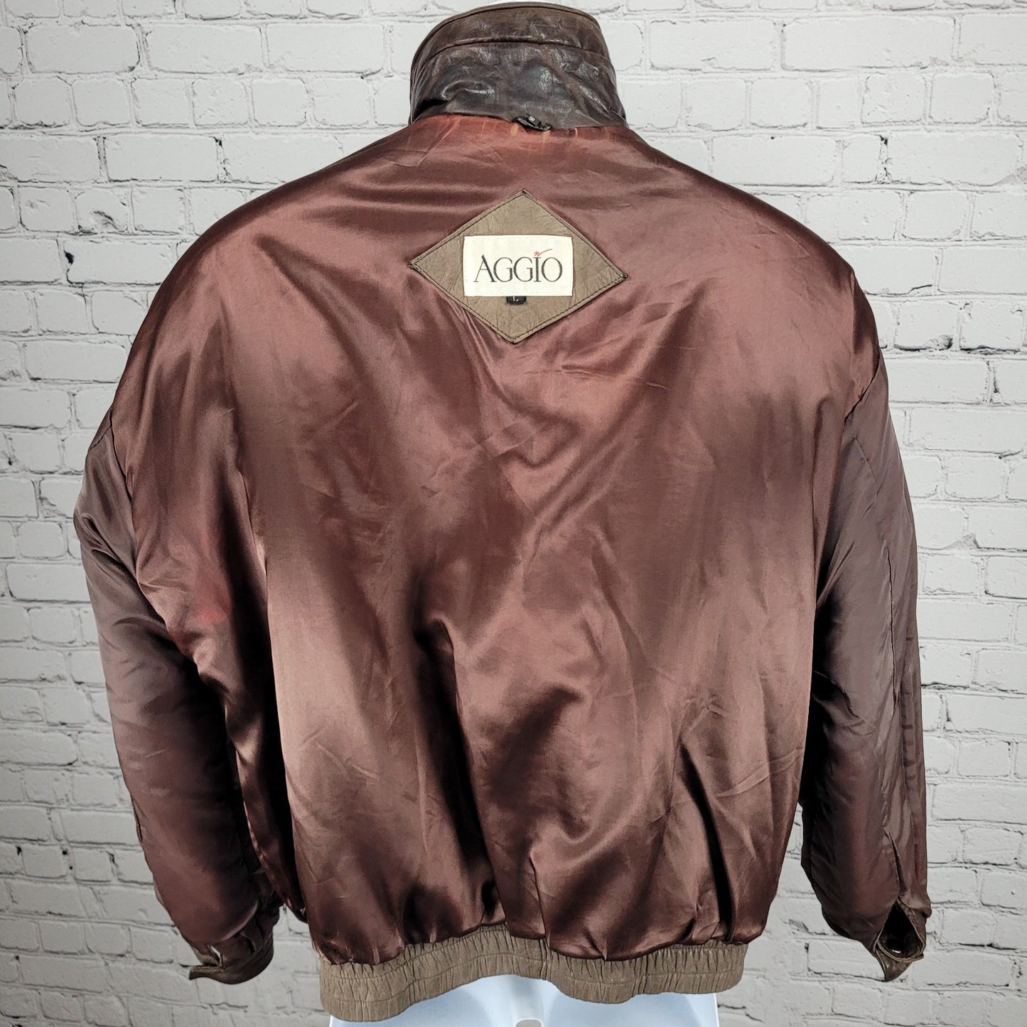 VTG Aggio Brown Genuine Soft Leather Full Zip Snap Pockets Bomber Jacket Large L