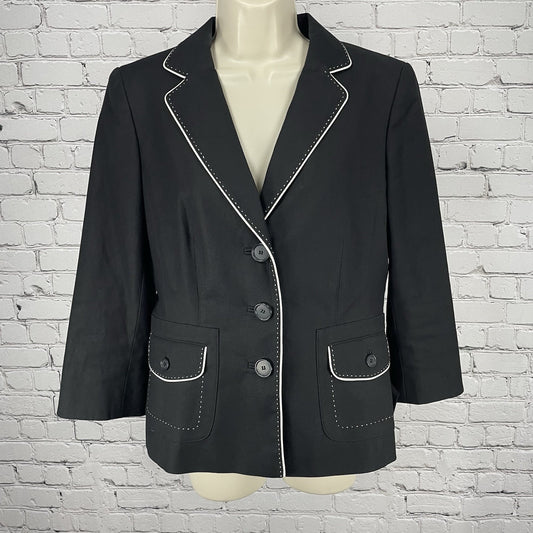 Ann Taylor Black Cotton White Trim Stitch 3 Button Blazer Jacket Stretch Size 8