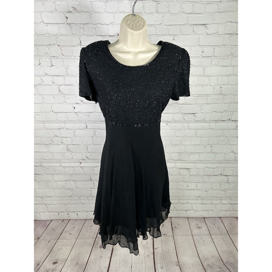 VTG Laurence Kazar 100% Silk Black Sequin Back Zip A Line Knee Length Dress S