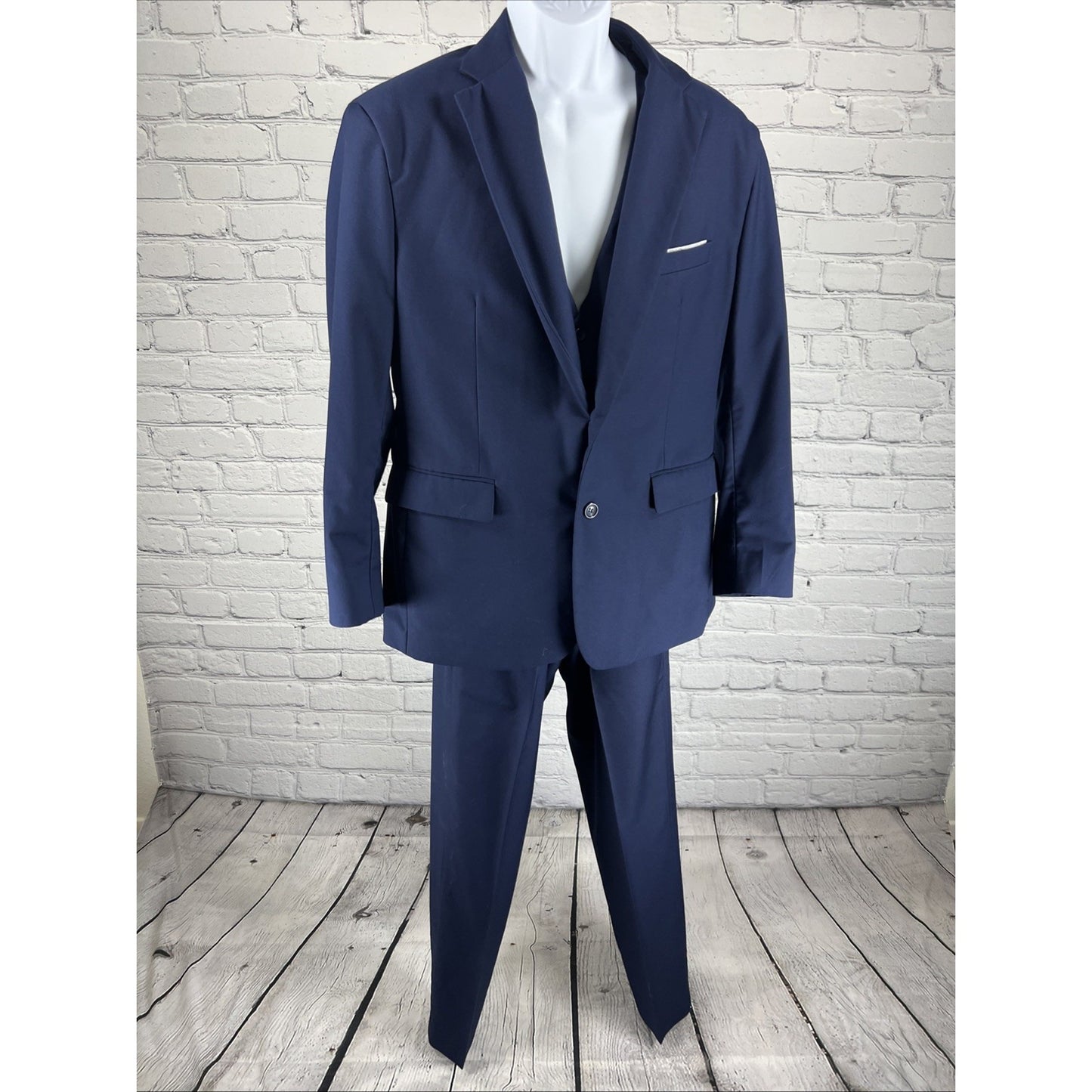 Unbranded Blue Full Suit 4 Piece Set Vest Pants Necktie Notch 2 Button Jacket XL