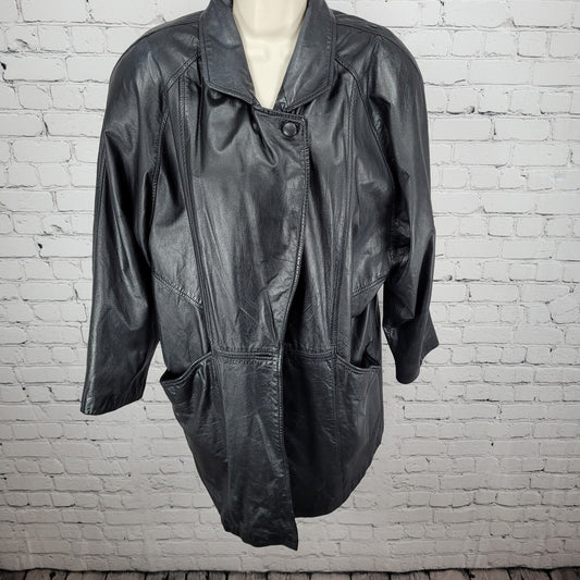 VTG Bechamel Black Genuine Leather Dolman Sleeve Lined Jacket Size Large L