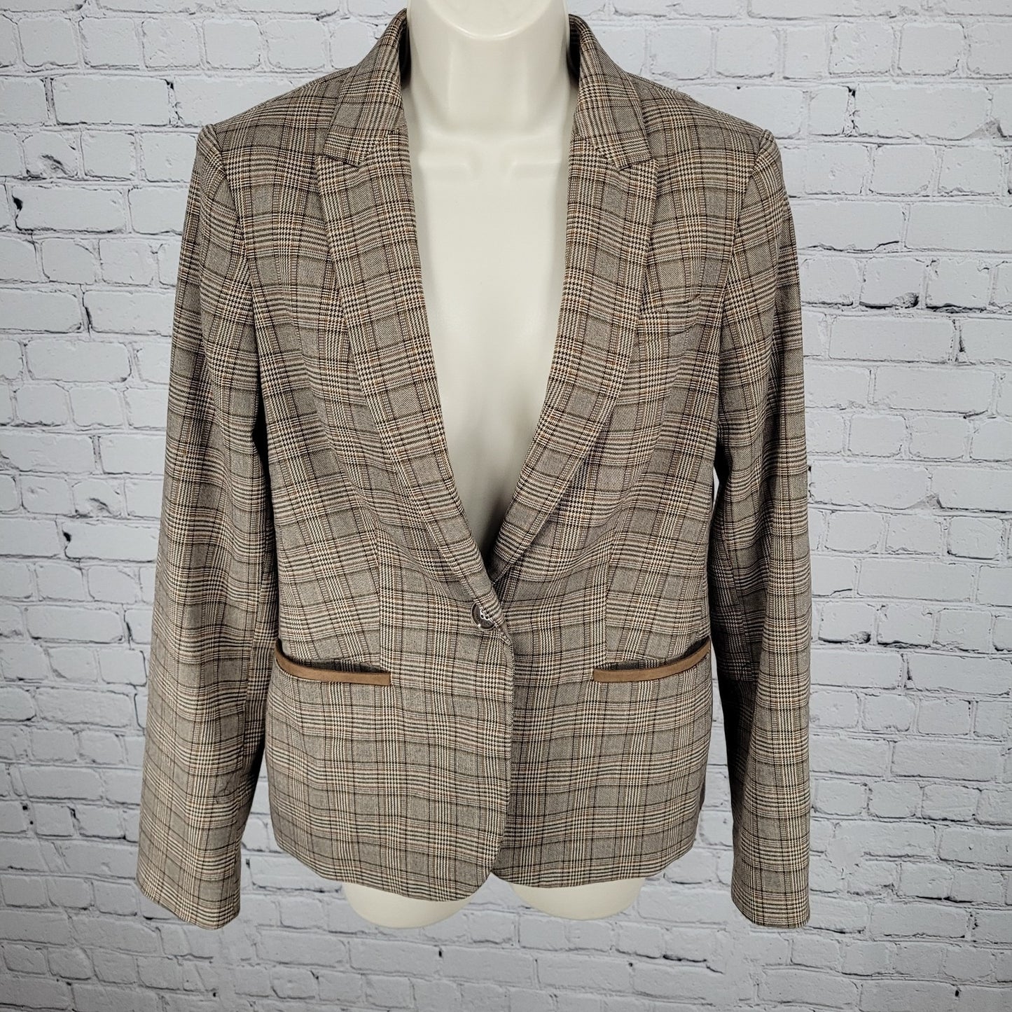 Tommy Hilfiger Brown Houndstooth Check Elbow Patches Peak Blazer Jacket Size 6