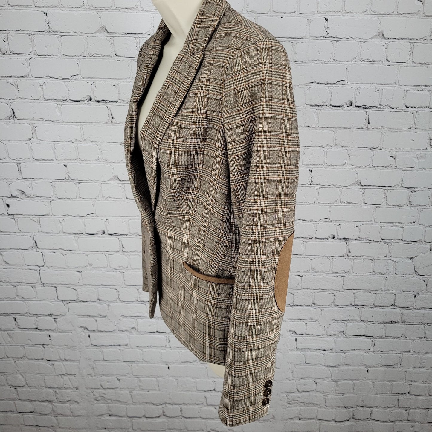 Tommy Hilfiger Brown Houndstooth Check Elbow Patches Peak Blazer Jacket Size 6