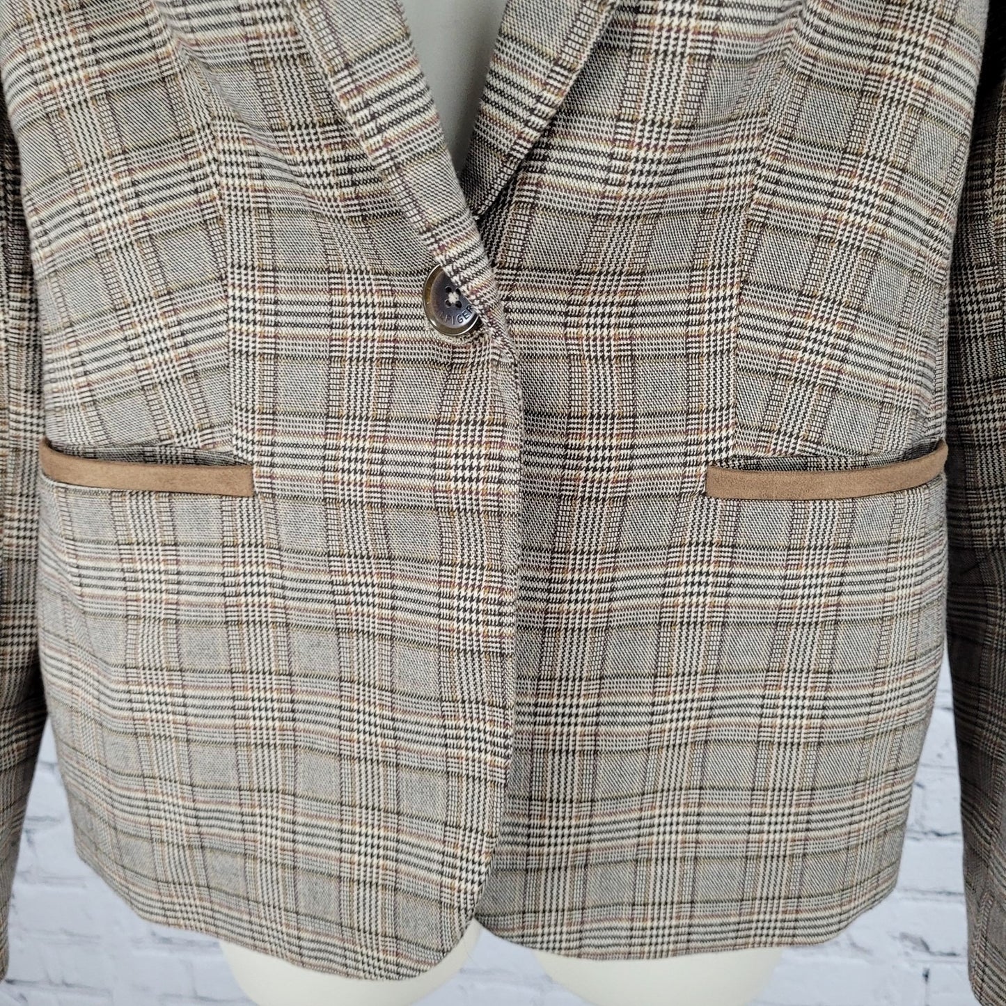 Tommy Hilfiger Brown Houndstooth Check Elbow Patches Peak Blazer Jacket Size 6