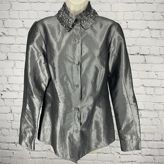 Lafayette 148 Grey Metallic 100% Silk Button Embellished Collar Shirt 8 *tear