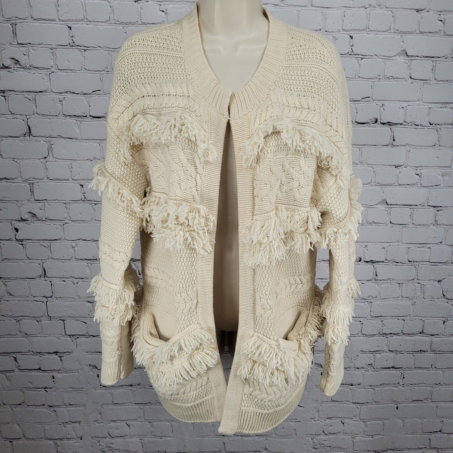 Madewell Beige Chunky Cable Knit Fringe Open Cardigan Sweater Size Medium M