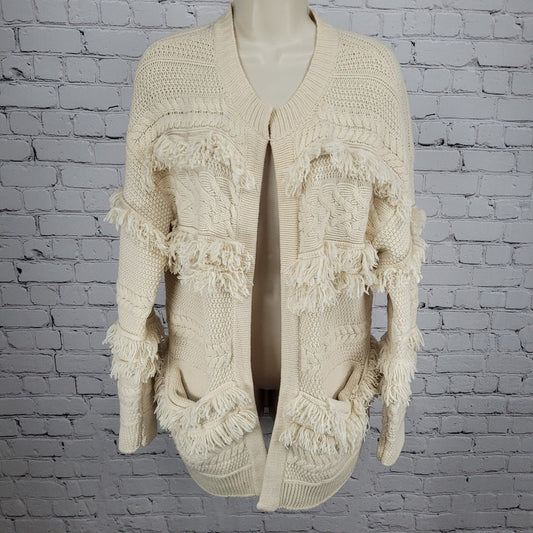 Madewell Beige Chunky Cable Knit Fringe Open Cardigan Sweater Size Medium M