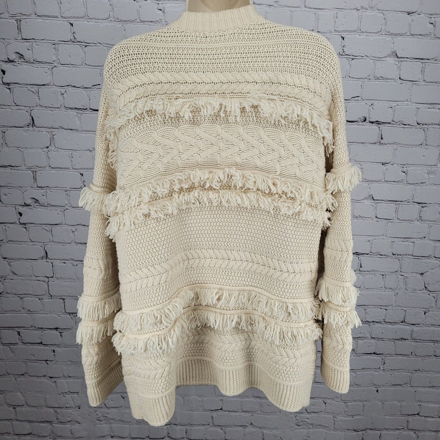 Madewell Beige Chunky Cable Knit Fringe Open Cardigan Sweater Size Medium M