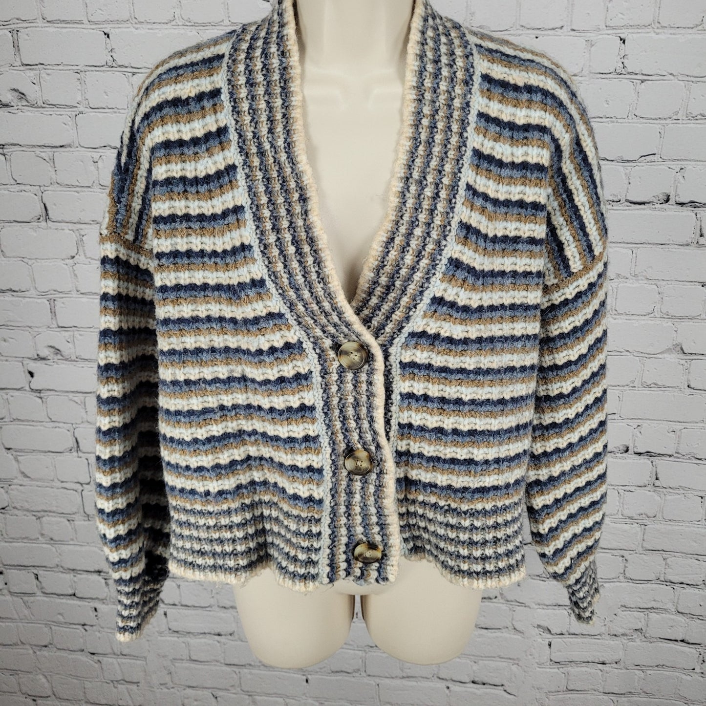 Madewell Striped Wool Blend Chunky Knit Boxy Crop Cardigan Sweater Size Medium M