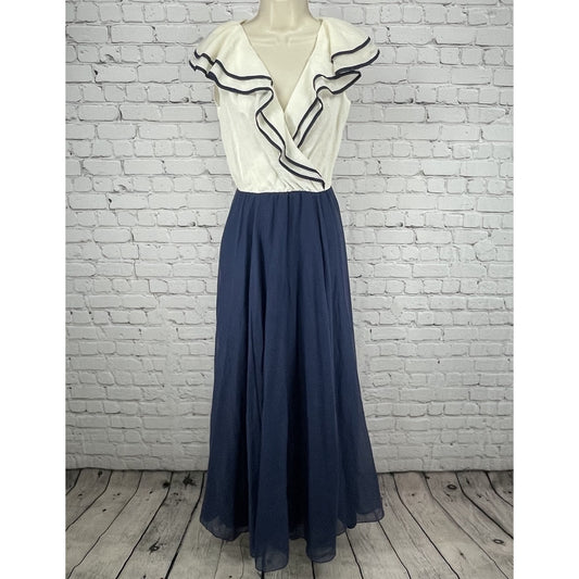 VTG Miss Elliette Ivory Blue Ruffled Retro Flutter Sleeve A Line Maxi Dress 8