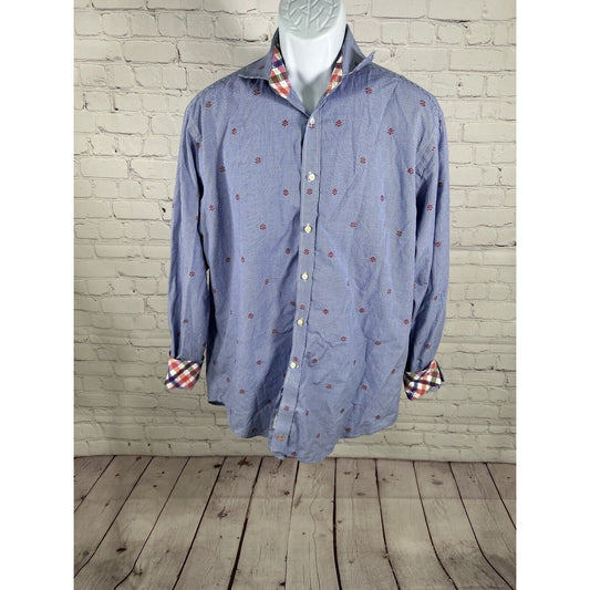 TD Thomas Dean Blue White Plaid Red Embroidered Long Sleeve Button Up Shirt L