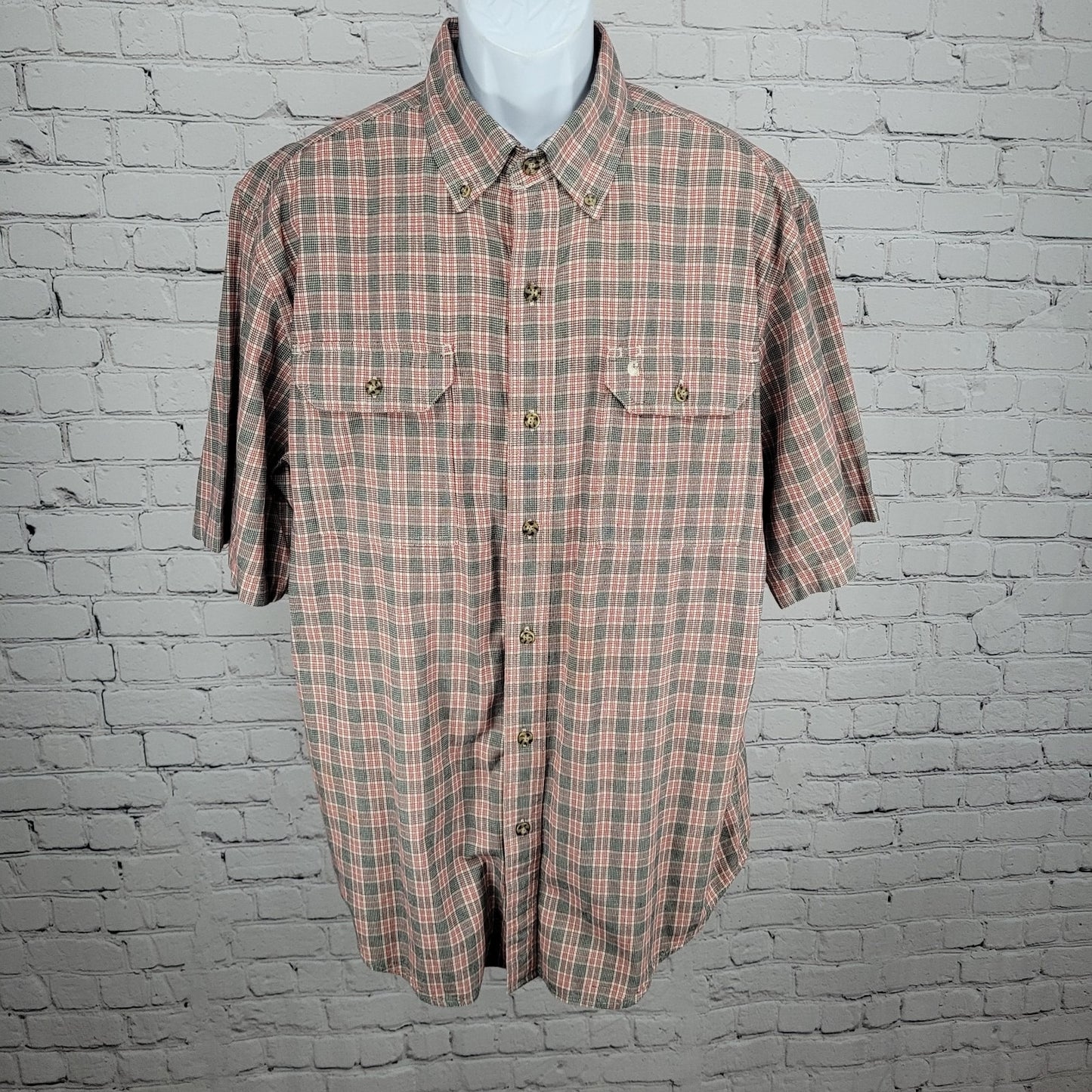 Carhartt Red Black Plaid 100% Cotton Button Down Collar Short Sleeve Shirt Large