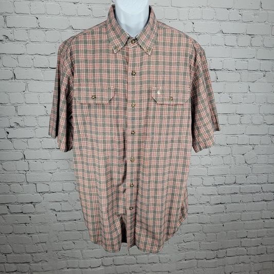 Carhartt Red Black Plaid 100% Cotton Button Down Collar Short Sleeve Shirt Large
