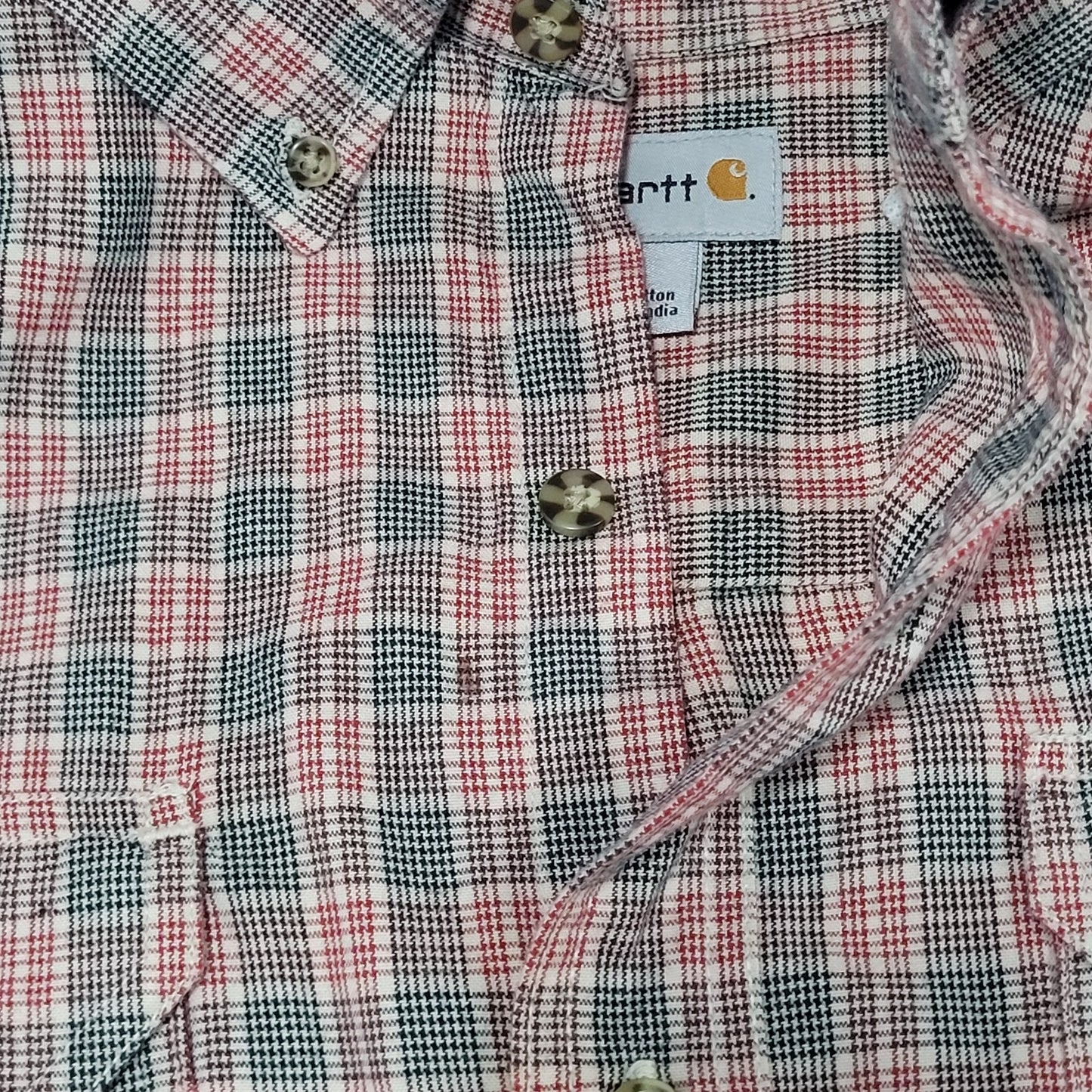 Carhartt Red Black Plaid 100% Cotton Button Down Collar Short Sleeve Shirt Large